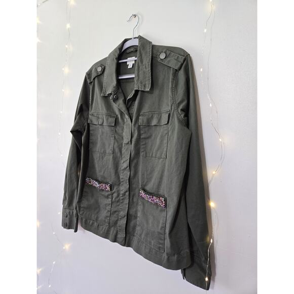 A NEW DAY Military Army Green Utility Jacket Colorful Beaded Gorpcore XXL - Picture 7 of 16